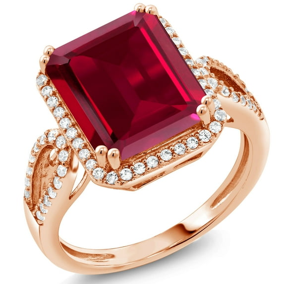 Gem Stone King 18K Rose Gold Plated Silver Red Created Ruby Ring for Women (5.70 Cttw, Emerald Cut 12X10MM, Gemstone July Birthstone, Available in Size 5, 6, 7, 8, 9)