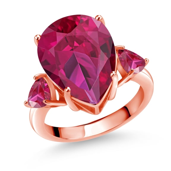 Gem Stone King 18K Rose Gold Plated Silver Red Created Ruby  Ring for Women (10.48 Cttw, Gemstone July Birthstone, Pear Shape 16X12MM, Size 9)