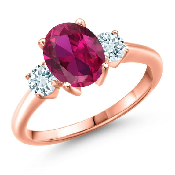 Gem Stone King 18K Rose Gold Plated Silver Red Created Ruby and Sky Blue Aquamarine Engagement Ring for Women | 2.50 Cttw | Oval 9X7MM | Gemstone July Birthstone | Size 6