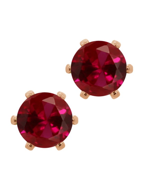 18K Rose Gold Plated Silver Red Created Ruby Stud Earrings for Women Men | 2.00 Cttw | Gemstone July Birthstone | Round 6MM