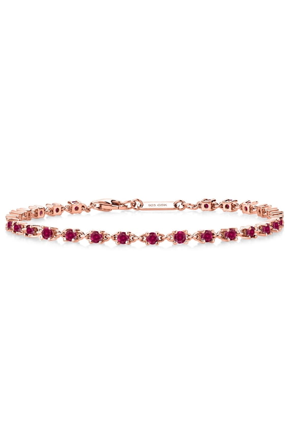 18K Rose Gold Plated Silver Red Created Ruby Tennis Bracelet | 1.62 Cttw | Round: 2.5MM | Gemstone Birthstone | 7 inch