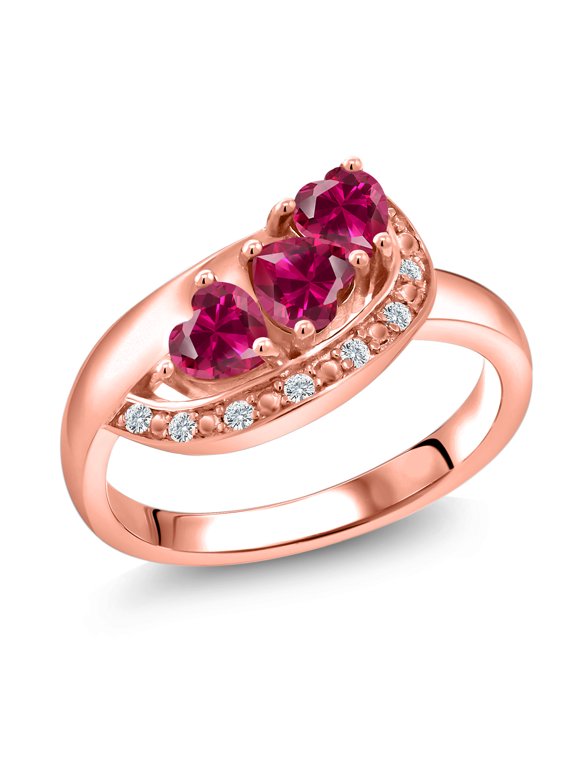 18K Rose Gold Plated Silver Red Created Ruby and White Created Sapphire Engagement Ring for Women (0.96 Cttw, Gemstone July Birthstone, Heart Shape 4MM, Size 7)