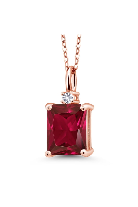 18K Rose Gold Plated Silver Red Created Ruby and White Created Sapphire Pendant Necklace for Women (3.84 Cttw, Gemstone July Birthstone, Emerald Cut 10X8MM with 18 inch Silver Chain)