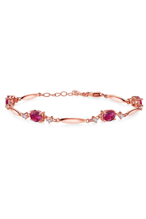 18K Rose Gold Plated Silver Red Created Ruby and White Created Sapphire Tennis Bracelet for Women | 4.32 Cttw | Gemstone July Birthstone | Oval 7X5MM | 6 inch + 1 inch Extender