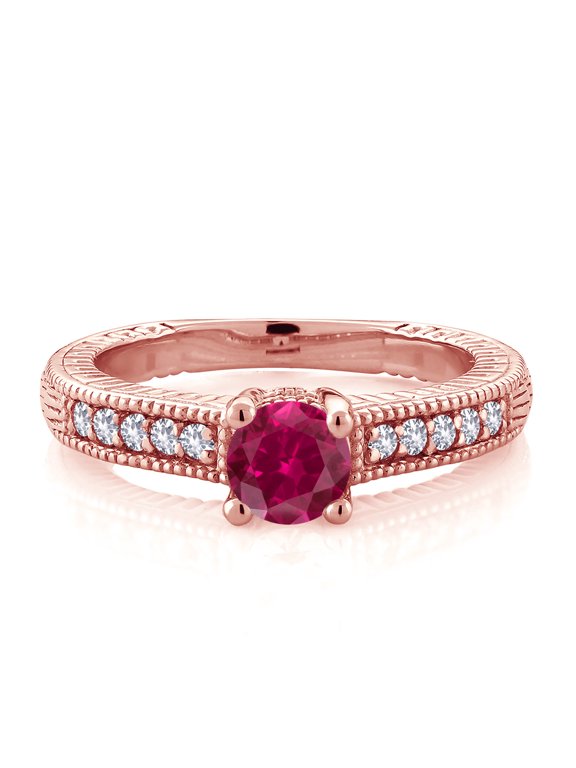 18K Rose Gold Plated Silver Red Created Ruby and White Created Sapphire Women's Solitaire Ring with Accent Stones (0.75 Cttw, Round Shape 5MM, Size 9)