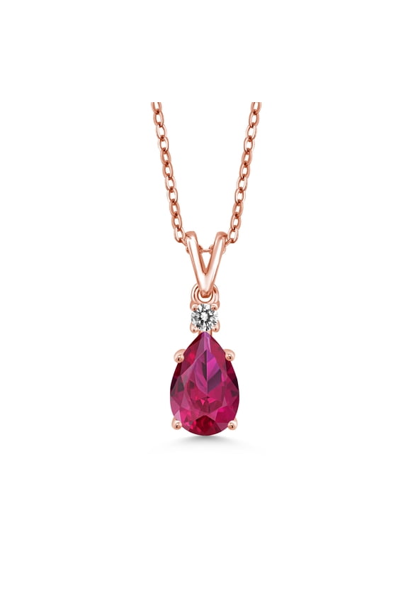 18K Rose Gold Plated Silver Red Created Ruby and White Diamond Pendant Necklace for Women (1.07 Cttw, Gemstone July Birthstone, Pear Shape 9X6MM, with 18 inch Chain)