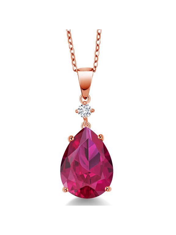 18K Rose Gold Plated Silver Red Created Ruby and White Lab Grown Diamond Pendant for Women (9.72 Cttw, Gemstone July Birthstone, Pear Shape 16X12MM)