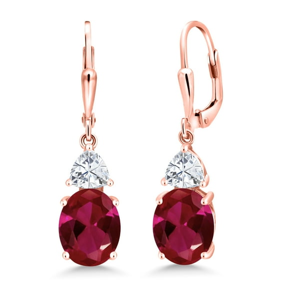 Gem Stone King 18K Rose Gold Plated Silver Red Created Ruby and White Moissanite Dangle Earrings for Women (6.94 Cttw, Gemstone July Birthstone, Oval 10X8MM, Trillion 5MM)