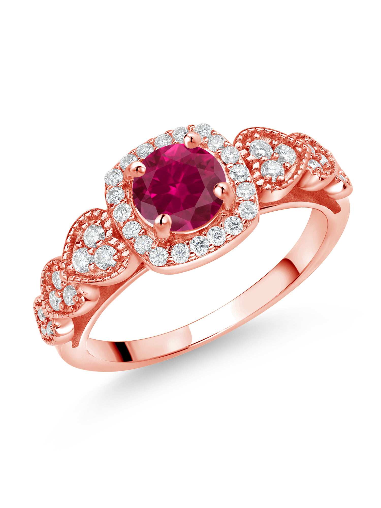 Gem Stone King 18K Rose Gold Plated Silver Red Created Ruby and White ...