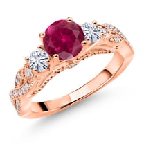 Gem Stone King 18K Rose Gold Plated Silver Red Created Ruby and White Moissanite Engagement Ring for Women (1.47 Cttw, Gemstone July Birthstone, Round 6MM and 3MM, Size 9)