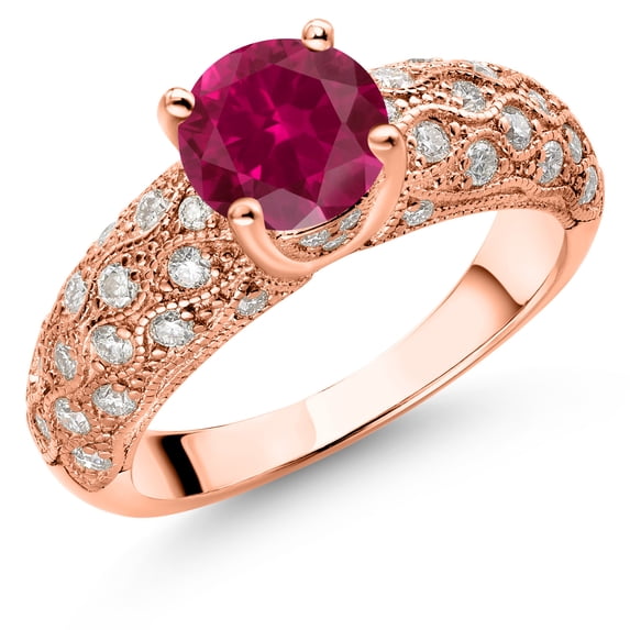 Gem Stone King 18K Rose Gold Plated Silver Red Created Ruby and White Moissanite Engagement Ring for Women (1.89 Cttw, Round 7MM, Gemstone July Birthstone, Size 8)