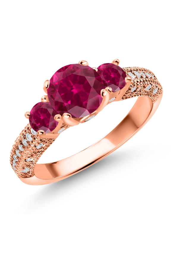 18K Rose Gold Plated Silver Red Created Ruby and White Moissanite Engagement Ring for Women (2.13 Cttw, Gemstone July Birthstone, Round 7MM and 4MM, Size 8)