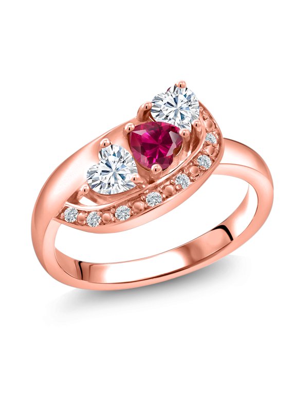 18K Rose Gold Plated Silver Red Created Ruby White Moissanite and White Created Sapphire Engagement Ring for Women (0.82 Cttw, Gemstone July Birthstone, Heart Shape 4MM, Size 8)