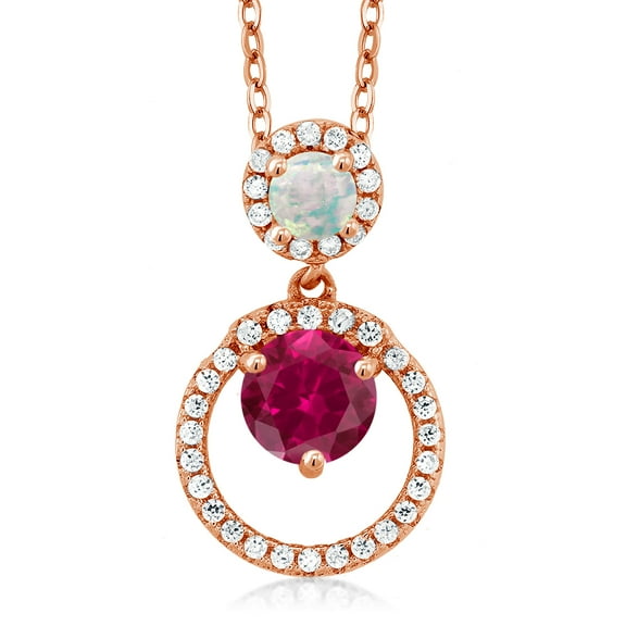 Gem Stone King 18K Rose Gold Plated Silver Red Created Ruby and White Simulated Opal Pendant Necklace for Women (1.85 Cttw, Gemstone July Birthstone, Round 6MM and 4MM)