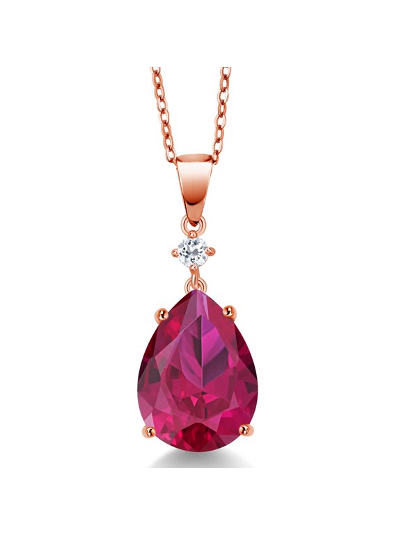 18K Rose Gold Plated Silver Red Created Ruby and White Topaz Pendant for Women (9.76 Cttw, Gemstone July Birthstone, Pear Shape 16X12MM)