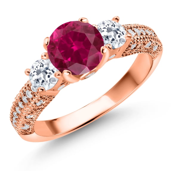 Gem Stone King 18K Rose Gold Plated Silver Red Created Ruby White Topaz and White Moissanite Engagement Ring for Women (2.29 Cttw, Gemstone July Birthstone, Round 7MM and 4MM, Size 7)