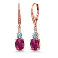 thumbnail image 1 of Gem Stone King 18K Rose Gold Plated Silver Red Created Ruby and Blue Zircon Dangle Earrings for Women with Lab Grown Diamond (5.03 Cttw, Oval 9X7MM), 1 of 3