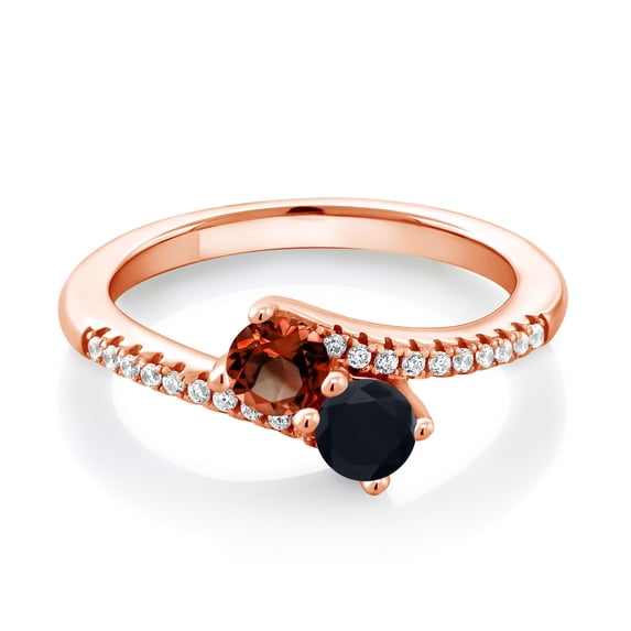 Gem Stone King 18K Rose Gold Plated Silver Red Garnet and Black Onyx Bypass Ring for Women (0.83 Cttw, Gemstone January Birthstone, Round 4MM, Size 9)