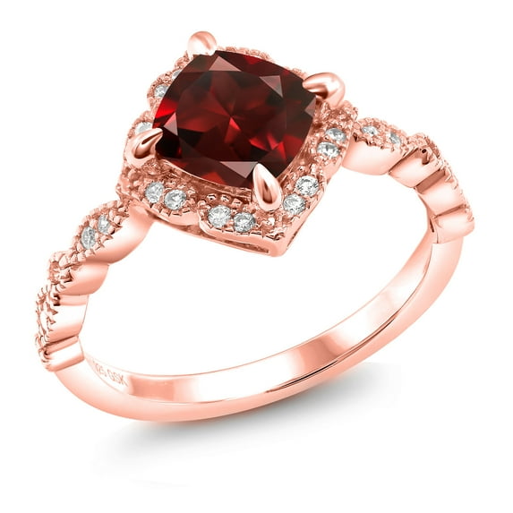 Gem Stone King 18K Rose Gold Plated Silver Red Garnet and Moissanite Solitaire Ring for Women (2.19 Cttw, Cushion Cut 7MM, Gemstone, Available in Size 5, 6, 7, 8, 9)