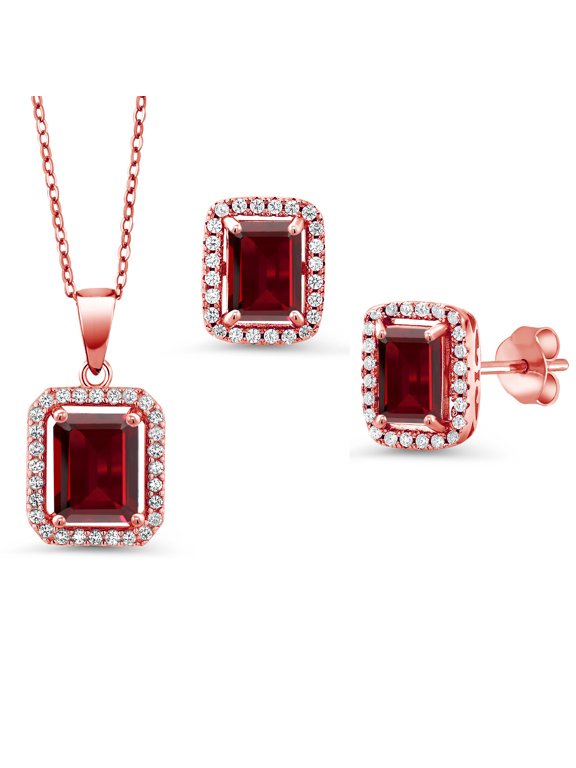 18K Rose Gold Plated Silver Red Garnet Pendant and Earrings Jewelry Set for Women | 7.27 Cttw | Emerald Cut 9X7MM and 8X6MM | Gemstone January Birthstone | with 18 inch Silver Chain
