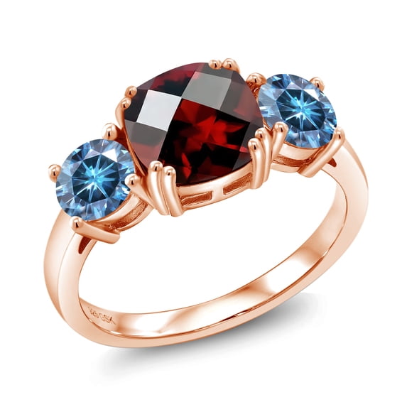 Gem Stone King 18K Rose Gold Plated Silver Red Garnet and Persian Blue Moissanite 3 Stone Engagement Ring for Women (3.50 Cttw, Gemstone January Birthstone, Cushion Checkerboard 8MM, Size 5)