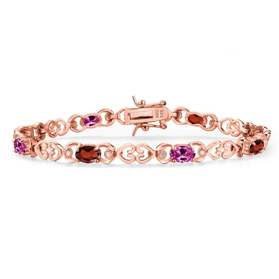 Gem Stone King 18K Rose Gold Plated Silver Red Garnet and Pink Created Sapphire and Lab Grown Diamond Bracelet for Women | 4.29 Cttw | Gemstone January Birthstone | Oval 6X4MM | Length 7.25 inches