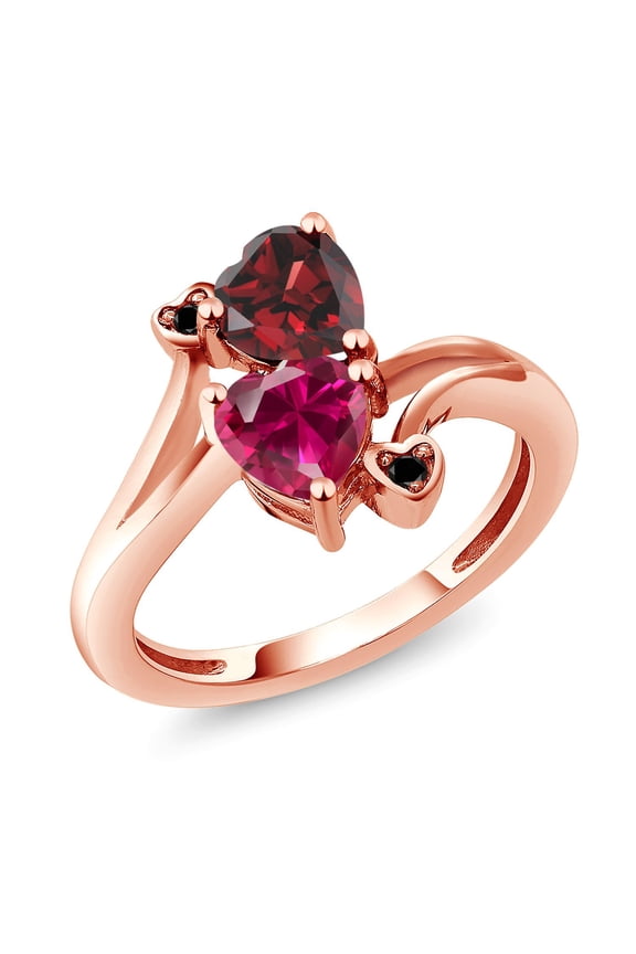 18K Rose Gold Plated Silver Red Garnet Red Created Ruby and Black Diamond Ring for Women | 1.90 Cttw | Heart Shape 6MM | Gemstone January Birthstone | Size 5, 6, 7, 8, 9 | Size 9