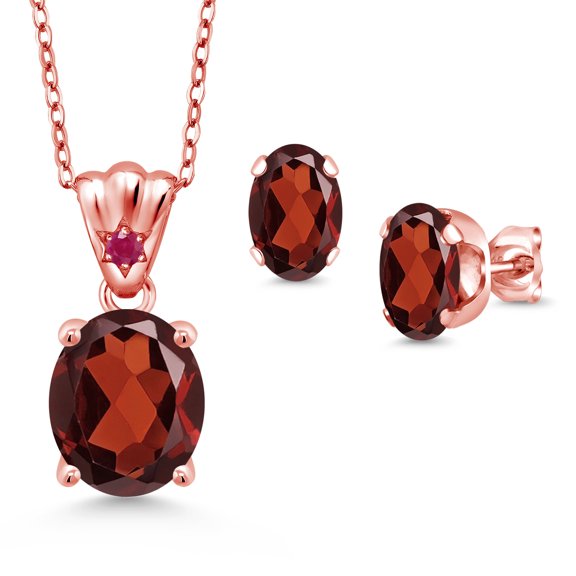 Gem Stone King 18K Rose Gold Plated Silver Red Garnet and Red Ruby Pendant and Earrings Jewelry Set for Women (6.69 Cttw, Gemstone Birthstone, Oval 11X9MM and 8X6MM with 18 inch Silver Chain)