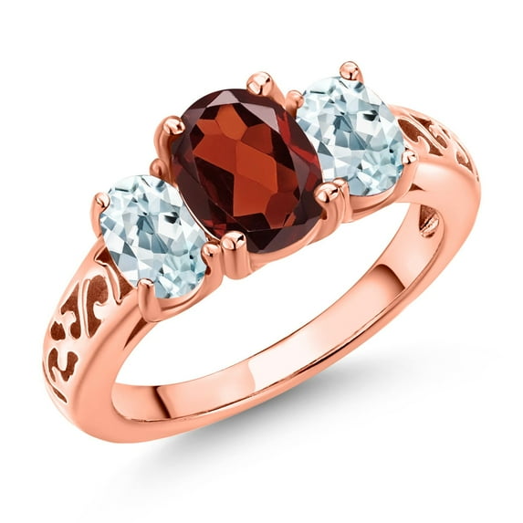 Gem Stone King 18K Rose Gold Plated Silver Red Garnet and Sky Blue Aquamarine Filigree Style 3 Stone Ring for Women (2.50 Cttw, Oval 8X6MM and 6X4MM) (Size 6)