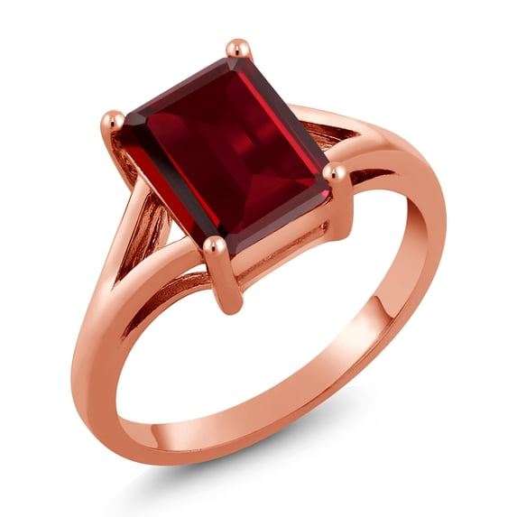 Gem Stone King 18K Rose Gold Plated Silver Red Garnet Solitaire Engagement Ring for Women (2.61 Cttw, Emerald Cut 9X7MM, Gemstone January Birthstone, Size 6)