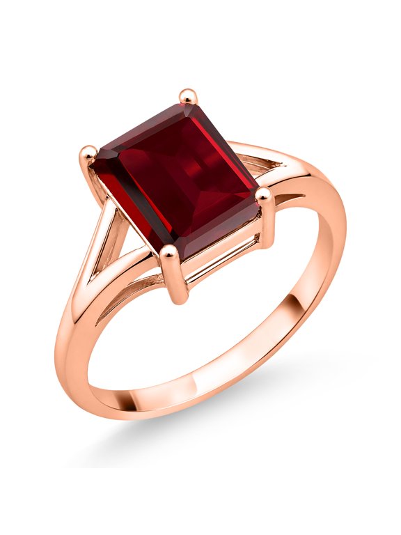 18K Rose Gold Plated Silver Red Garnet Solitaire Engagement Ring for Women (2.61 Cttw, Emerald Cut 9X7MM, Gemstone January Birthstone, Size 9)