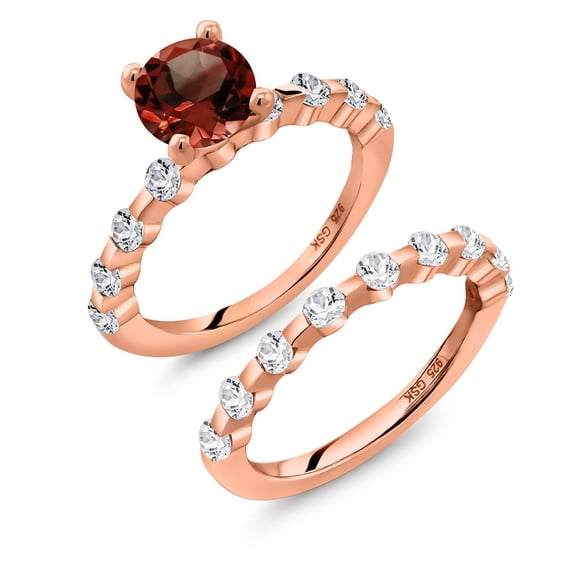 Gem Stone King 18K Rose Gold Plated Silver Red Garnet and White Topaz Wedding Engagement Ring Band Bridal Set for Women (2.86 Cttw, Gemstone January Birthstone, Round 7MM, Size 8)