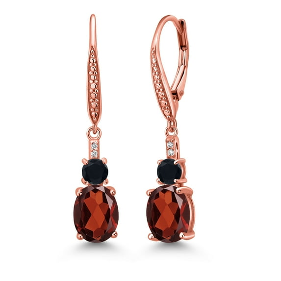 Gem Stone King 18K Rose Gold Plated Silver Red Garnet and Black Onyx Dangle Earrings for Women with Lab Grown Diamond (4.72 Cttw, Oval 9X7MM)