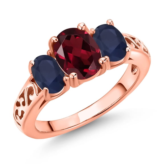 Gem Stone King 18K Rose Gold Plated Silver Red Rhodolite Garnet and Blue Sapphire Filigree Style 3 Stone Ring for Women (2.46 Cttw, Oval 8X6MM and 6X4MM) (Size 8)