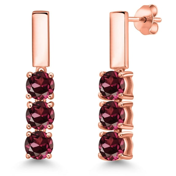 Gem Stone King 18K Rose Gold Plated Silver Red Rhodolite Garnet Drop Dangle Earrings for Women | 1.80 Cttw | Gemstone January Birthstone | Round 5MM