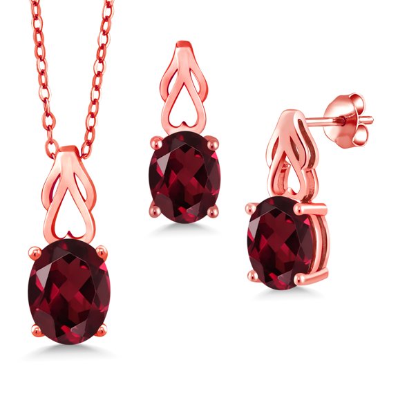 Gem Stone King 18K Rose Gold Plated Silver Red Rhodolite Garnet Pendant and Earrings Jewelry Set for Women | 6.00 Cttw | Oval 9X7 | Gemstone January Birthstone | with 18 inch Chain