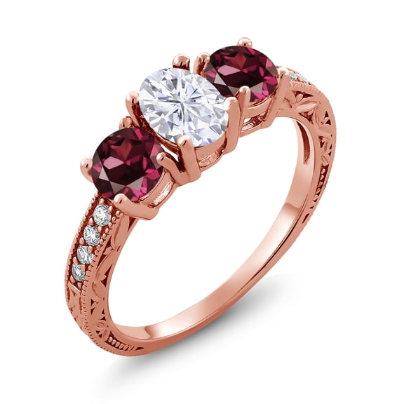 Gem Stone King 18K Rose Gold Plated Silver Red Rhodolite Garnet Ring Set with Moissanite (2.22 Cttw) (Size 7)