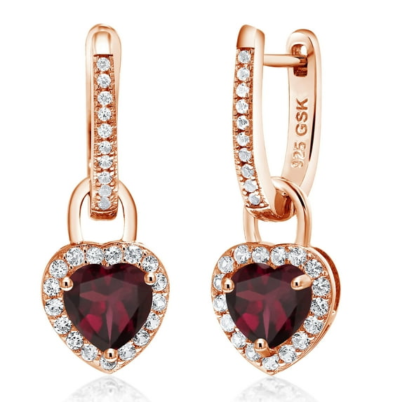 Gem Stone King 18K Rose Gold Plated Silver Red Rhodolite Garnet and White Created Sapphire Dangle Earrings for Women (1.94 Cttw, Gemstone January Birthstone, Heart Shape 6MM)