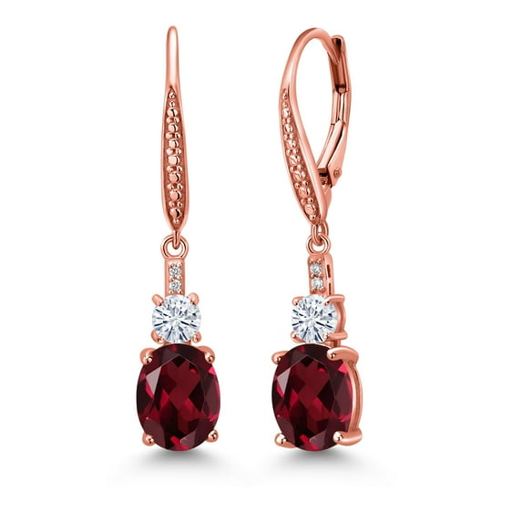 Gem Stone King 18K Rose Gold Plated Silver Red Rhodolite Garnet and White Moissanite Dangle Earrings for Women with Lab Grown Diamond (4.49 Cttw, Oval 9X7MM)