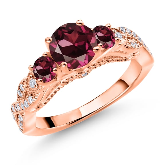 Gem Stone King 18K Rose Gold Plated Silver Red Rhodolite Garnet and White Moissanite Engagement Ring for Women (1.51 Cttw, Gemstone January Birthstone, Round 6MM and 3MM, Size 7)