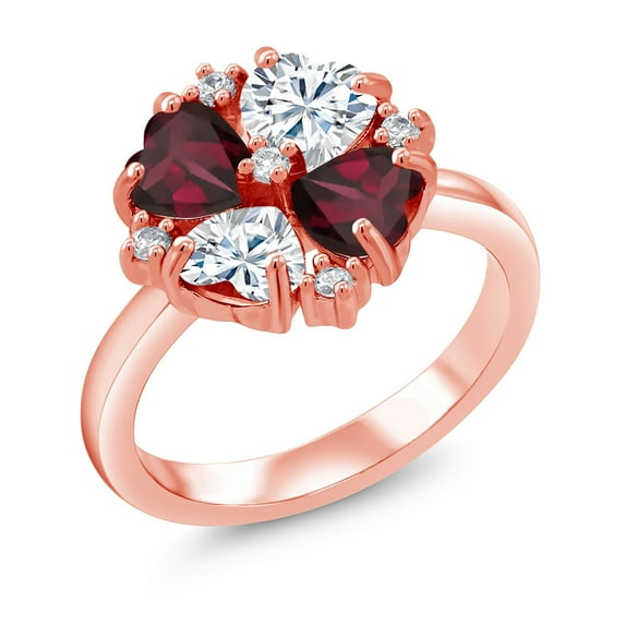 Gem Stone King 18K Rose Gold Plated Silver Red Rhodolite Garnet and White Moissanite Ring for Women (2.02 Cttw, Heart Shape 5MM, Gemstone January Birthstone, Size 9)