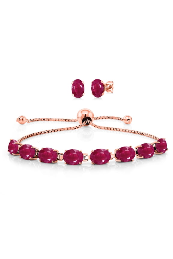 18K Rose Gold Plated Silver Red Ruby Bracelet and Earrings Jewelry Set for Women (10.00 Cttw, Gemstone July Birthstone, Oval 7X5MM, Fully Adjustable up to 9 inch)