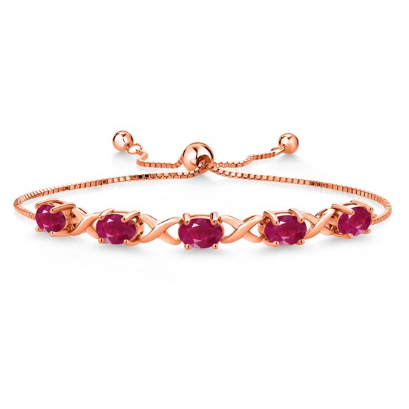 Gem Stone King 18K Rose Gold Plated Silver Red Ruby Bracelet for Women (5.00 Cttw, Gemstone July Birthstone, Oval 7X5MM, Fully Adjustable up to 9 inches)