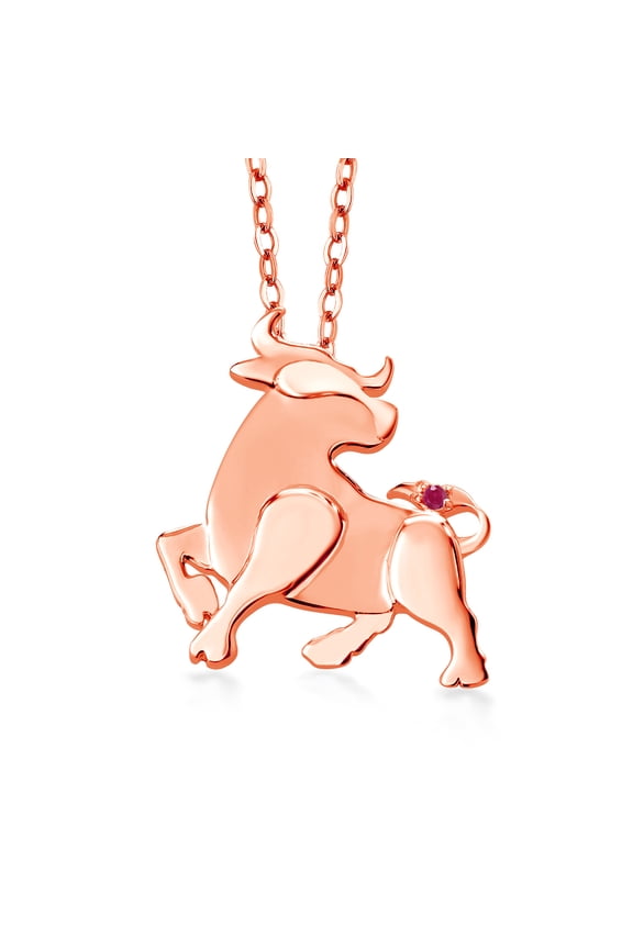 18K Rose Gold Plated Silver Red Ruby Ox Pendant Necklace for Women By Keren Hanan with 18 inch Chain
