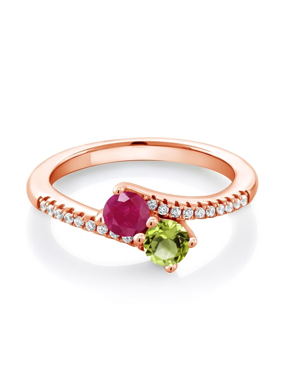 18K Rose Gold Plated Silver Red Ruby and Green Peridot Bypass Ring for Women (0.89 Cttw, Gemstone July Birthstone, Round 4MM, Size 8)
