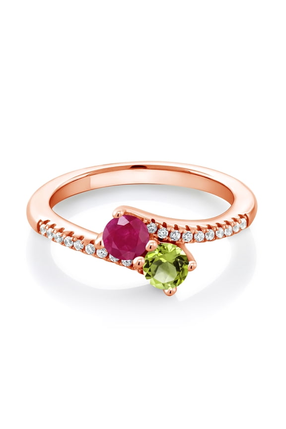 18K Rose Gold Plated Silver Red Ruby and Green Peridot Bypass Ring for Women (0.89 Cttw, Gemstone July Birthstone, Round 4MM, Size 6)