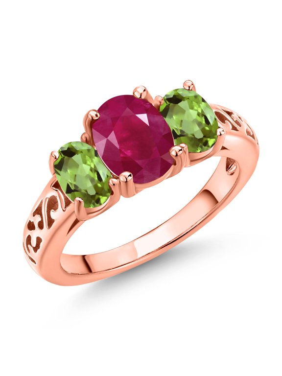 18K Rose Gold Plated Silver Red Ruby and Green Peridot Filigree Style 3 Stone Ring for Women (2.60 Cttw, Oval 8X6MM and 6X4MM) (Size 6)