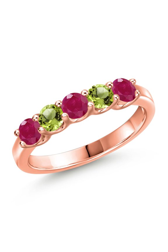 18K Rose Gold Plated Silver Red Ruby and Green Peridot Wedding-Bands Ring for Women | 1.16 Cttw | Round 3.5MM | Gemstone July Birthstone | Size 9