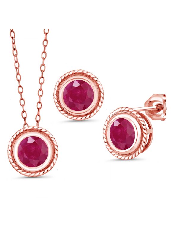 18K Rose Gold Plated Silver Red Ruby Pendant Earrings Set for Women (3.00 Cttw, Gemstone July Birthstone, Round 6MM, With 18 inch Chain)