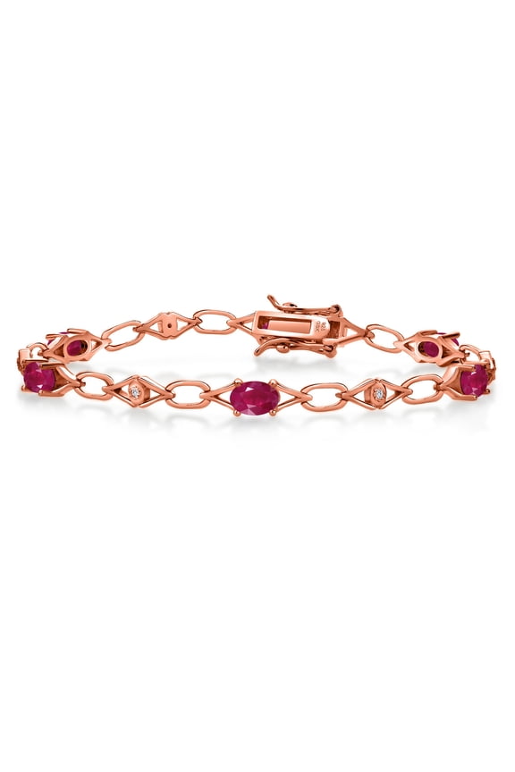 18K Rose Gold Plated Silver Red Ruby and Round White Lab Grown Diamond Tennis Bracelet for Women (3.64 Cttw, Gemstone Birthstone, Oval 6X4MM, 7.25 inches)
